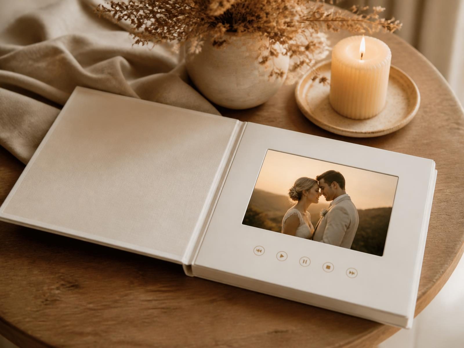 Videoboek met jaarfilm op een tafel