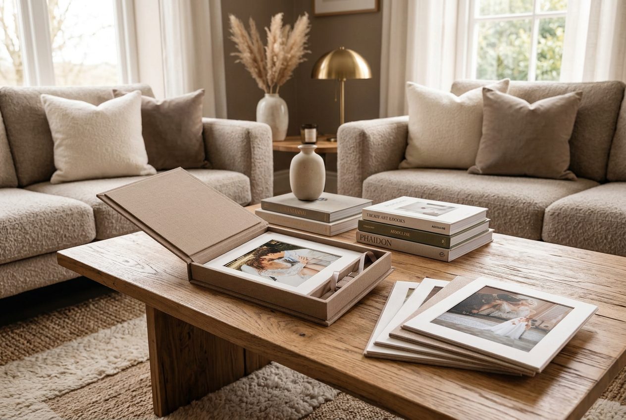Foliobox met fine art prints op een houten tafel