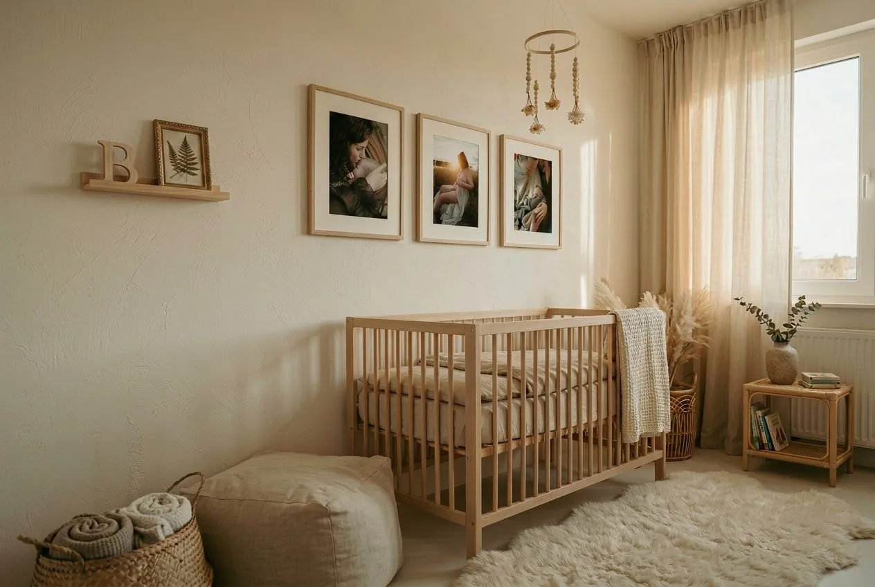 Drieluik met newbornfoto's boven een ledikant in een babykamer